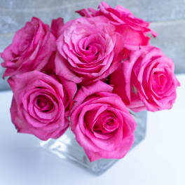 Bouquet of bright pink roses in a clear glass vase