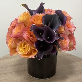 Compact arrangement of orange and pink roses with dark purple calla lilies in a black cylinder vase.
