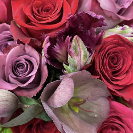 Close-up of red and mauve roses with a ruffled purple tulip-style bloom in a dense arrangement