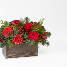 Red roses and carnations in a wooden box with evergreen accents