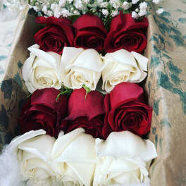 12 Long Stem White and Red roses In a box
