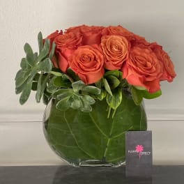 Orange roses arranged in a round glass vase with succulents