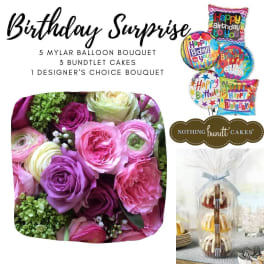 Birthday gift set with balloons, flowers, and bundled cakes