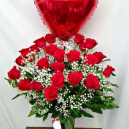 24 Red Roses and one Red Heart Balloon on a clear vase