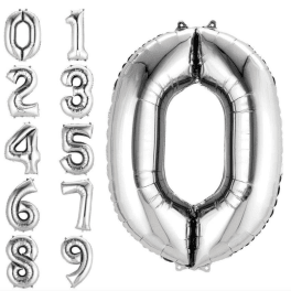 Silver number balloons from 0 to 9, with a large 0 balloon shown