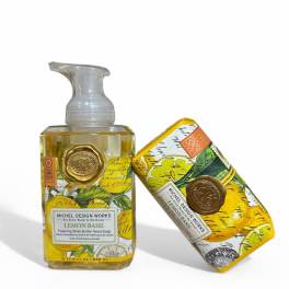 Two lemon basil foaming hand soap bottles with yellow citrus labels