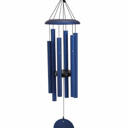 Blue metal wind chime with hanging tubes and a round clapper