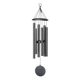 Black metal wind chime with hanging tubes and a round striker