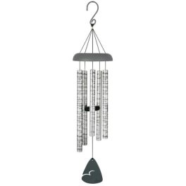 Silver wind chime with hanging metal tubes and a dark clapper