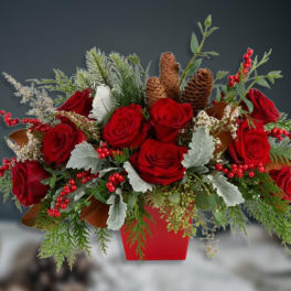 Red roses arranged in a red container with pinecones and berries