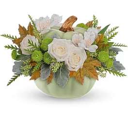 White roses in a pale green pumpkin-shaped container with autumn leaves