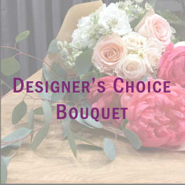 Bouquet of pink and white roses with eucalyptus