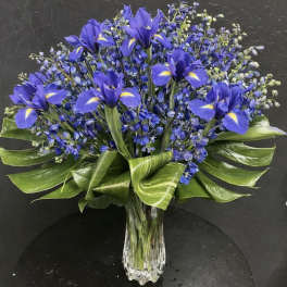 Blue iris bouquet in a clear glass vase with broad green leaves
