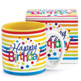 Birthday mug with colorful stripes and matching gift box