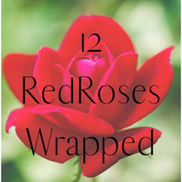 Close-up of a red rose with overlay text reading 12 red roses wrapped