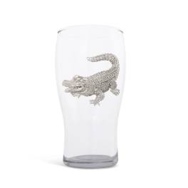 Clear glass vase with a silver alligator decoration