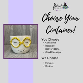 Promotional graphic with a smiling ceramic container and text about choosing a container