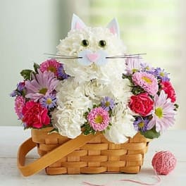 Flower basket arranged as a cat with white blooms and colorful daisies