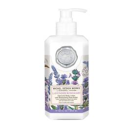 Bottle of lavender rosemary hand and body lotion with a pump dispenser