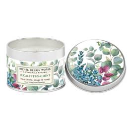 Eucalyptus and mint travel candle in a metal tin with floral lid