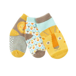 Three patterned baby socks in yellow, blue, and brown