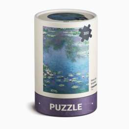 Cylindrical puzzle box with a Monet water lily image