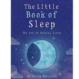 Blue book cover with moon and stars titled The Little Book of Sleep