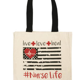 Canvas tote bag with black handles and nurse-themed text and heart graphic