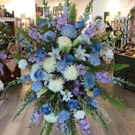 Lavender, Blue & White Standing Spray Funeral Tribute by Petals