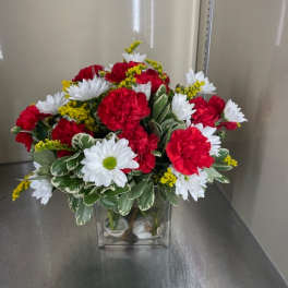 Red carnations and white daisies in a clear square vase