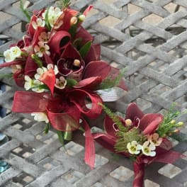 Cymbidium orchids corsage and boutonniere set