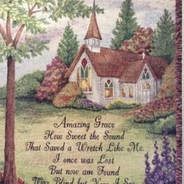 Decorative wall hanging with a church scene and hymn text