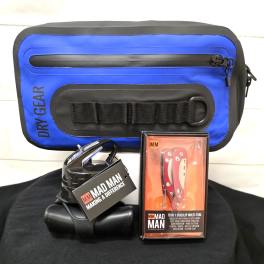 Outdoor gift set with blue dry gear bag, multi-tool, and black gadget with carabiner