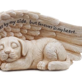 Sleeping dog figurine with angel wings and memorial text