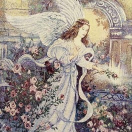 Angel illustration surrounded by pink and white flowers