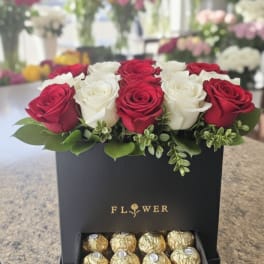 Lovely roses in Box with Chocolates (RED & WHITE)