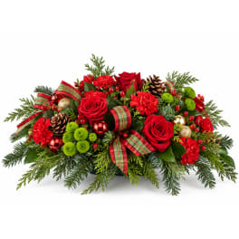 Red roses and carnations in a holiday arrangement with pinecones and ribbon