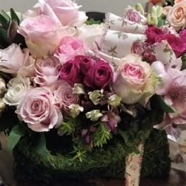 Pink and white rose bouquet with alstroemeria and ribbon