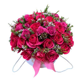 Round bouquet of hot pink roses in a hatbox with ribbon handles