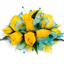 Yellow rose bouquet with blue ribbon loops