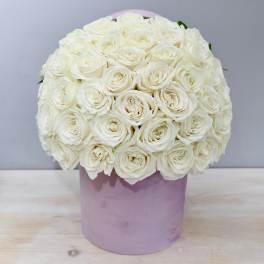 White rose bouquet in a lavender hat box