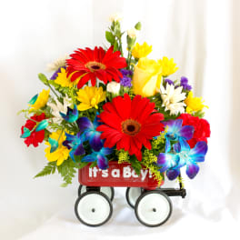 Colorful bouquet in a red wagon with "It's a Boy!" text