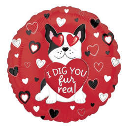 Red heart-shaped balloon with a cartoon dog holding a heart