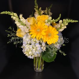 Yellow gerbera daisies and white flowers in a clear glass vase
