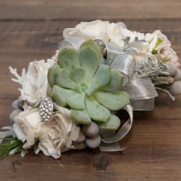 White floral wrist corsage with a green succulent and silver ribbon