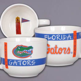 Three white mugs with Florida Gators logos and text