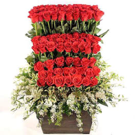 Tall arrangement of red roses in a rectangular container