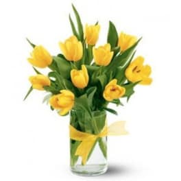 Yellow tulip bouquet in a clear glass vase with a yellow ribbon