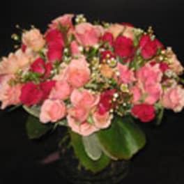Bouquet of pink and red roses with greenery