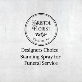 Text reading "Designers Choice Standing Spray for Funeral Service" with florist logo